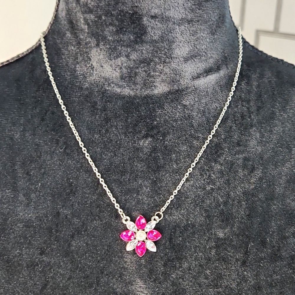 Dainty Pink & Clear Crystal Flower Necklace